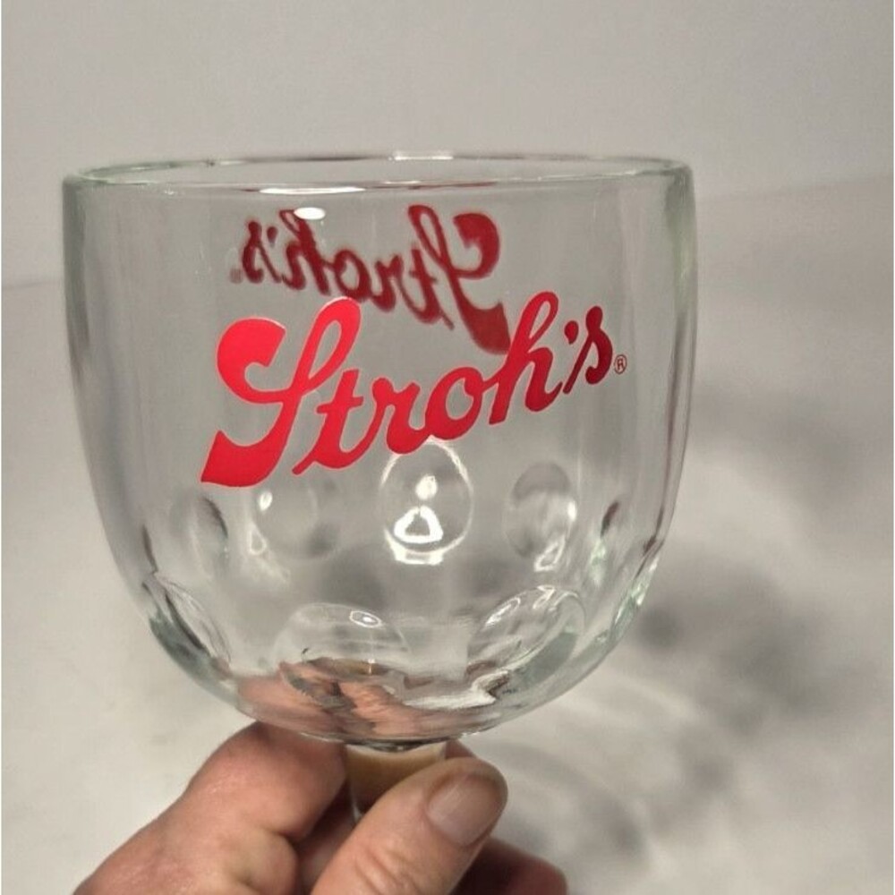 Vintage Stroh's Beer Thumbprint Footed Goblet Beer Glass Clear 6" Man-cave Bar